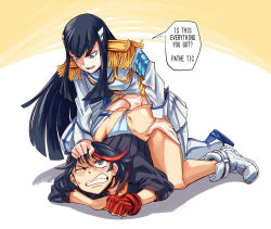 Rule 34 | 2girls, anal, ass, black hair, blue eyes, blush, box chan, breasts, clothed sex, clothes, clothing aside, doggystyle, english text, futa with female, futanari, gloves, grabbing, grabbing another&#039;s hair, grabbing from behind, highres, incest, kill la kill, kiryuuin satsuki, long hair, matoi ryuuko, medium breasts, multicolored hair, multiple girls, one eye closed, open mouth, panties, panties aside, penis, red gloves, red hair, sex, sex from behind, short hair, siblings, sisters, speech bubble, striped clothes, striped panties, top-down bottom-up, two-tone hair, underwear, white panties