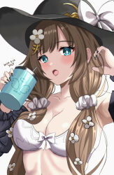 1girl absurdres adjusting_hair armpits blue_eyes breasts brown_hair cup dated flower granblue_fantasy hair_flower hair_ornament hat highres holding holding_cup large_breasts looking_at_viewer nail_polish raziel_(granblue_fantasy) raziel_(summer)_(granblue_fantasy) signature white_background yanapy