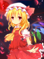 Rule 34 | 1girl, 3535carrot, bad id, bad pixiv id, blonde hair, crystal, female focus, flandre scarlet, hat, hat ribbon, moon, petals, puffy sleeves, red eyes, red moon, ribbon, short hair, short sleeves, side ponytail, solo, string, string of fate, touhou, uguisu mochi (ykss35), wings, wrist cuffs