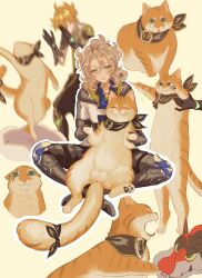 Rule 34 | 2boys, aether (genshin impact), ahoge, albedo (genshin impact), animal, animal ears, animal nose, armor, blonde hair, blue eyes, blue shirt, blush, boin burin, boots, braid, brown footwear, brown gloves, brown pants, brown scarf, brown shirt, cat, cat ears, cat tail, closed eyes, closed mouth, collarbone, commentary request, dragon, dragon horns, faceless, faceless male, fang, fangs, gem, genshin impact, gloves, gold trim, hair between eyes, hands up, highres, holding, holding animal, hood, hoodie, horns, light brown hair, long hair, longcat (meme), looking at another, looking at viewer, mandarin collar, meme, multiple boys, orange fur, orange gemstone, pants, scar, scar across eye, scar on neck, scarf, shirt, short hair, short sleeves, shoulder armor, simple background, sitting, smile, tail, teeth, tongue, tongue out, vision (genshin impact), white hoodie, white scarf, yellow background