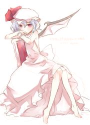 Rule 34 | 1girl, alternate costume, atoki, bare arms, bare shoulders, barefoot, bat wings, blue hair, chair, dress, hat, hat ribbon, highres, looking at viewer, mob cap, pink eyes, remilia scarlet, ribbon, sitting, sketch, sleeveless, sleeveless dress, solo, touhou, white dress, wings, wrist cuffs