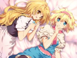 Rule 34 | 2girls, alice margatroid, bad id, bad pixiv id, bed, bed sheet, blonde hair, blue eyes, braid, capelet, female focus, hairband, hand on own face, hand to own mouth, kirisame marisa, long hair, lying, multiple girls, no headwear, no headwear, on back, on side, short hair, thighhighs, tokira nozumi, touhou, yellow eyes