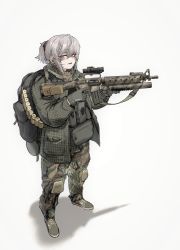 Rule 34 | 1girl, absurdres, alma01, assault rifle, backpack, bag, black gloves, black scrunchie, camouflage, camouflage jacket, camouflage pants, commentary, english commentary, facial mark, full body, gloves, grenade launcher, grey background, grey hair, gun, hair between eyes, hair ornament, hair scrunchie, highres, holding, holding gun, holding weapon, jacket, long sleeves, looking at viewer, m16, m16a2, m203, open clothes, open jacket, original, pants, parted lips, ponytail, puffy long sleeves, puffy sleeves, purple eyes, rifle, scrunchie, shadow, shoes, solo, standing, trigger discipline, underbarrel grenade launcher, weapon