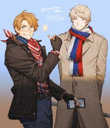 Rule 34 | 2020, 2boys, ahoge, america (hetalia), american flag, american flag print, arms behind back, axis powers hetalia, belt, blonde hair, blue eyes, coat, dated, denim, fingerless gloves, flag print, food, gloves, grin, holding, holding phone, industrial pipe, jacket, jeans, leather, leather jacket, male focus, mochi, mochimerica (hetalia), multiple boys, pants, phone, pointing, pointing at self, print bandana, print scarf, purple eyes, russia (hetalia), russian flag print, scarf, smile, star-shaped pupils, star (symbol), symbol-shaped pupils, to@st, trench coat, winter