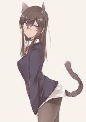 Rule 34 | 1girl, animal ears, black pantyhose, cat ears, cat tail, collar, from side, glasses, hair between eyes, highres, long hair, neck bell, necktie, pantyhose, red necktie, simple background, solo, tail, touma kisa