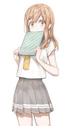 Rule 34 | 10s, 1girl, book, brown eyes, brown hair, covering own mouth, free style (yohan1754), highres, holding, holding book, kunikida hanamaru, long hair, looking at viewer, love live!, love live! sunshine!!, neckerchief, pleated skirt, school uniform, serafuku, short sleeves, simple background, skirt, solo, standing, tie clip, white background, wide-eyed