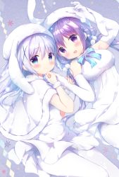 Rule 34 | 2girls, :d, alternate hairstyle, amedamacon, animal ears, arm grab, arm up, bad id, bad pixiv id, bare shoulders, blue eyes, blue hair, blush, breasts, capelet, closed mouth, dress, elbow gloves, gloves, gochuumon wa usagi desu ka?, hair between eyes, hair ornament, hat, kafuu chino, large breasts, long hair, looking at viewer, looking back, low twintails, lying, multiple girls, on back, on side, open mouth, pantyhose, pom pom (clothes), purple eyes, purple hair, rabbit ears, smile, snowflake hair ornament, tedeza rize, twintails, very long hair, white dress, white gloves, white hat, white legwear, x hair ornament