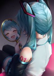 Rule 34 | 1girl, absurdres, aqua hair, aqua nails, bare shoulders, black background, black skirt, black sleeves, black thighhighs, blush, closed eyes, commentary, crack, cracked glass, detached sleeves, from above, from behind, grey shirt, hair ornament, hand mirror, hatsune miku, highres, holding, holding mirror, long hair, miniskirt, mirror, nail polish, open mouth, pleated skirt, shirt, shoulder tattoo, sitting, skirt, sleeveless, sleeveless shirt, smile, solo, tattoo, thighhighs, touka haru, twintails, vocaloid, zettai ryouiki
