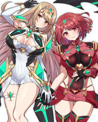 Rule 34 | 2girls, absurdres, blonde hair, breasts, highres, large breasts, multiple girls, mythra (xenoblade), pyra (xenoblade), red eyes, red hair, shinae, xenoblade chronicles (series), xenoblade chronicles 2, yellow eyes