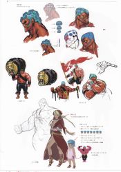 Rule 34 | 1boy, 2girls, absurdres, anklet, barefoot, barrel, blonde hair, blue eyes, blue hair, blush stickers, braid, breasts, capcom, character doll, child, colored skin, concept art, dark skin, family, flag, hakan, hakan&#039;s daughters, hakan&#039;s wife, highres, jewelry, long hair, mother and daughter, multiple girls, muscular, neck ring, necklace, official art, red skin, sandals, topless male, short hair, shorts, sideburns, street fighter, street fighter iv (series), translated