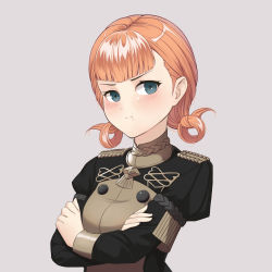 Rule 34 | 1girl, absurdres, angry, annette fantine dominic, blue eyes, blush, crossed arms, dakkalot, epaulettes, fire emblem, fire emblem: three houses, grey background, highres, nintendo, orange hair, pout, solo, twintails, uniform, upper body