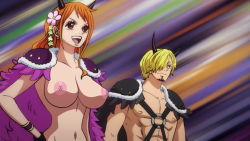 Rule 34 | 1boy, 1girl, blonde hair, breasts, brown eyes, cape, gloves, hair ornament, hair over one eye, highres, large breasts, nami (one piece), nipples, nude, nude filter, one piece, open mouth, orange hair, outdoors, sanji (one piece), third-party edit
