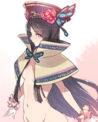 Rule 34 | 1girl, bad id, bad pixiv id, ban! (bansankan), black hair, bottomless, breasts, butterfly hair ornament, cloak, dan fei, eyebrows, flower, gloves, groin, hair flower, hair ornament, hat, highres, long hair, medium breasts, navel, no bra, out-of-frame censoring, partially undressed, purple eyes, small breasts, solo, standing, thunderbolt fantasy, white gloves