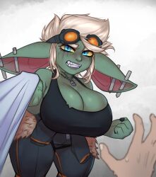 Rule 34 | 1boy, 1girl, angry, black nails, black pants, black tank top, blonde hair, blue eyes, breasts, cleavage, clenched hand, clenched teeth, colored sclera, colored skin, ear piercing, earrings, eyewear on head, female goblin, goblin, green skin, grey background, highres, huge breasts, huge ears, jewelry, looking at viewer, medium hair, menacing, necklace, original, pants, piercing, pointy ears, pov, pov hands, shirt, shirt grab, shortstack, slit pupils, tank top, teeth, weaponized thickness, white hair, white shirt, yellow sclera