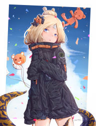 Rule 34 | 1girl, :o, abigail williams (fate), abigail williams (traveling outfit) (fate), absurdres, animal print, balloon, black bow, black jacket, blonde hair, blue eyes, blue sky, bow, cloud, commentary, confetti, crossed bandaids, dated, day, fate/grand order, fate (series), fou (fate), hair bow, hair bun, hand up, head tilt, highres, jacket, long hair, long sleeves, looking at viewer, mokamocha, official alternate costume, orange bow, outdoors, parted bangs, parted lips, polka dot, polka dot bow, signature, single hair bun, sky, sleeves past fingers, sleeves past wrists, solo, stuffed animal, stuffed toy, suction cups, teddy bear, tentacles, tiger print