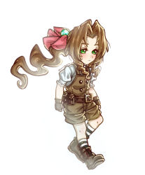 Rule 34 | 1girl, aerith gainsborough, aged down, blush, boots, brown footwear, brown gloves, brown hair, brown overalls, caramelmochapie, final fantasy, final fantasy vii, final fantasy vii remake, full body, gloves, green eyes, hair ribbon, highres, long hair, materia, overalls, parted bangs, parted lips, pink ribbon, ponytail, ribbon, shirt, sidelocks, socks, solo, square enix, striped clothes, striped socks, wavy hair, white background, white shirt