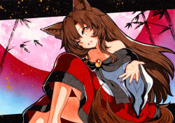 Rule 34 | 1girl, animal ear fluff, animal ears, bad id, bad pixiv id, bamboo, bare shoulders, brown hair, brown tail, collarbone, commentary request, fang, feet out of frame, fingernails, hair between eyes, imaizumi kagerou, long hair, long sleeves, looking at viewer, moon, nail polish, off shoulder, open mouth, orange eyes, outstretched hand, qqqrinkappp, red brooch, red moon, red nails, sharp fingernails, skin fang, solo, tail, touhou, traditional media, wide sleeves, wolf ears, wolf tail