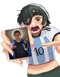 Rule 34 | 1boy, 2022 fifa world cup, argentina, blush, chainsaw man, cropped shirt, emiliano martinez, eyepatch, green eyes, halo, himeno (chainsaw man), jesus, looking at viewer, lowres, male focus, masshumaro, open mouth, pointing, shirt, simple background, smile, striped clothes, striped shirt, twitter username, white background, world cup