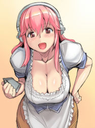 Rule 34 | 1girl, :d, barmaid, blush, breasts, cleavage, corset, dirndl, downblouse, german clothes, hand on own hip, hanging breasts, headphones, large breasts, leaning forward, long hair, nitroplus, oktoberfest, open mouth, pink eyes, pink hair, smile, solo, super sonico, traditional clothes, tsuda nanafushi