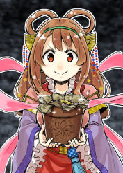 Rule 34 | &gt;:), 1girl, brown eyes, brown hair, chinese clothes, coin, flower knight girl, flower pot, frilled sleeves, frills, hair ornament, hair rings, hair stick, hairband, holding, japanese clothes, kimono, long sleeves, looking at viewer, minatsuki (sitsu), money, nazuna (flower knight girl), red eyes, smile, solo, star (symbol), tareme, tassel, upper body, v-shaped eyebrows, wide sleeves