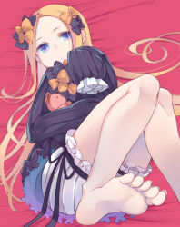 Rule 34 | 1girl, abigail williams (fate), barefoot, bed sheet, black bow, black dress, blonde hair, bloomers, blue eyes, bow, bug, butterfly, commentary request, dress, fate/grand order, fate (series), feet, hair bow, hand up, highres, insect, karu a miruku, legs, long hair, long sleeves, lying, no headwear, hugging object, on back, orange bow, parted bangs, parted lips, polka dot, polka dot bow, sleeves past fingers, sleeves past wrists, soles, solo, stuffed animal, stuffed toy, teddy bear, toenails, toes, underwear, very long hair, white bloomers