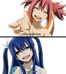 Rule 34 | 2girls, blue hair, blush, brown eyes, closed eyes, fairy tail, fangs, kurumierika, multiple girls, ribbon, sheria blendy, simple background, smile, subtitled, tattoo, torn clothes, wendy marvell