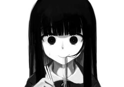 Rule 34 | 1girl, absurdres, blunt bangs, buttons, chopsticks, closed mouth, collared shirt, commentary request, eating, eating hair, empty eyes, food, greyscale, hand up, highres, holding, holding chopsticks, kagari-lunatic, long hair, looking at viewer, monochrome, nervous smile, noodles, original, portrait, shirt, simple background, smile, solo, straight-on, sweatdrop