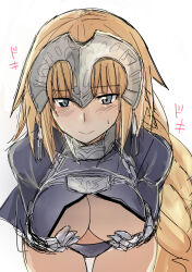 Rule 34 | 1girl, blonde hair, blue eyes, blush, braid, breasts, cleavage, fate/grand order, fate (series), headgear, highres, jeanne d&#039;arc (fate), jeanne d&#039;arc (ruler) (fate), large breasts, looking at viewer, panties, solo, thighs, underwear, white background