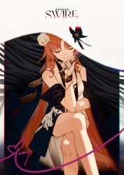 Rule 34 | 1girl, absurdres, arknights, black dress, character name, closed eyes, closed mouth, crossed legs, dress, fang, fang out, feet out of frame, flower, gloves, hair flower, hair ornament, hand fan, highres, holding, holding fan, long hair, orange hair, single glove, single tooth, sitting, smoke, swire (arknights), swire the elegant wit (arknights), white flower, white gloves, xiayehongming