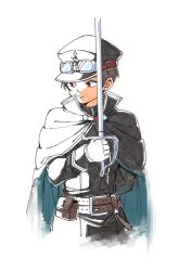 Rule 34 | 1boy, alec (arc the lad), arc s0222, arc the lad, arc the lad iii, black hair, brown eyes, cape, closed mouth, commentary request, gloves, goggles, goggles on headwear, hat, male focus, simple background, solo, sword, uniform, weapon