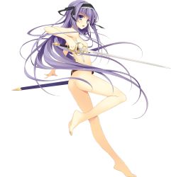 Rule 34 | 1girl, absurdres, angry, ass, breasts, fujimori yuu, highres, koikishi purely kiss, long hair, nude, purple eyes, purple hair, simple background, small breasts, solo, sword, weapon, white background, yuuki hagure