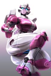 Rule 34 | 1girl, arcee, autobot, blue eyes, breasts, gradient background, highres, large breasts, looking at viewer, looking down, mecha, no humans, no nose, oberon826, robot, solo, squatting, thick thighs, thighs, transformers