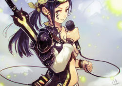 Rule 34 | 1girl, absurdres, asymmetrical clothes, bikini, black hair, brown eyes, earrings, facial tattoo, highres, jewelry, long hair, looking at viewer, microphone, neck tattoo, okuto, original, ponytail, solo, standing, swimsuit, sword, tattoo, warrior, weapon