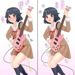 Rule 34 | 1girl, bang dream!, black hair, black socks, blush, breasts, brown shirt, brown skirt, collarbone, electric guitar, embarrassed, female focus, gradient background, guitar, hand up, have to pee, highres, holding, instrument, japanese text, kneehighs, long sleeves, miniskirt, multiple views, music, neck ribbon, nose blush, open mouth, peeing, peeing self, playing instrument, pleated skirt, red eyes, red ribbon, ribbon, sailor collar, school uniform, sen no yugami, serafuku, shirt, short hair, simple background, skirt, small breasts, socks, speech bubble, standing, sweat, talking, tears, teeth, translation request, trembling, ushigome rimi, wavy mouth, wet, wet clothes, white background, white sailor collar