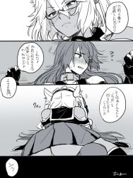 Rule 34 | 10s, 2girls, bare shoulders, blush, comic, glasses, gloves, greyscale, ikeshita moyuko, kantai collection, long hair, monochrome, multiple girls, musashi (kancolle), nagato (kancolle), pointy hair, short hair, translation request, twintails, two side up, yuri
