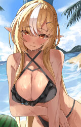 1girl absurdres alternate_costume arm_across_waist bare_shoulders beach bikini black_bikini blonde_hair blue_sky blush breasts brown_eyes cleavage dark-skinned_female dark_elf dark_skin dripping elf ewn food fruit high_ponytail highres hololive large_breasts long_hair looking_at_viewer multicolored_hair ocean outdoors palm_tree pointy_ears shiranui_flare sky solo summer swimsuit tree two-tone_hair upper_body virtual_youtuber watermelon wet wet_clothes wet_hair white_hair