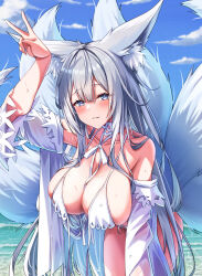 Rule 34 | 1girl, animal ear fluff, animal ears, azur lane, beach, bikini, blue eyes, blush, breasts, cleavage, cloud, collarbone, curvy, detached sleeves, fox ears, fox girl, fox tail, groin, highres, hirorinwelcome, kitsune, kyuubi, large breasts, leaning forward, long hair, looking at viewer, mole, mole under eye, multiple tails, multiple views, ocean, parted lips, shinano (azur lane), shinano (dreamy white sands) (azur lane), sidelocks, sky, smile, solo, standing, swimsuit, tail, thick thighs, thighs, untied bikini, v, very long hair, white hair, wide hips
