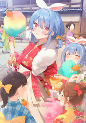 Rule 34 | 6+girls, :t, blue hair, blue kimono, blush, carrot, closed eyes, closed mouth, cotton candy, day, don-chan (usada pekora), eating, faceless, faceless female, floral print, food, hair ornament, hair scrunchie, hakama, hakama skirt, highres, holding, holding carrot, holding food, hololive, japanese clothes, kimono, long sleeves, looking at viewer, low twintails, multiple girls, outdoors, pink eyes, print kimono, red kimono, ruien (wu jui-en), scrunchie, short twintails, skirt, standing, thick eyebrows, twintails, usada pekora, virtual youtuber, yellow kimono