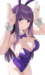 Rule 34 | 1girl, absurdres, alternate costume, animal ears, bare arms, bare shoulders, bow, bowtie, breasts, cleavage, closed mouth, commentary request, covered navel, detached collar, fake animal ears, fern (sousou no frieren), hairband, hands up, highres, large breasts, leotard, nano (syoutamho), playboy bunny, purple bow, purple bowtie, purple eyes, purple hair, purple hairband, purple leotard, rabbit ears, sidelocks, simple background, solo, sousou no frieren, white background, wrist cuffs