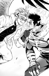 Rule 34 | 2boys, absurdres, armor, bodysuit, boku no hero academia, couple, endeavor (boku no hero academia), eye contact, facial hair, fingerless gloves, fire, gloves, greyscale, hand on another&#039;s chin, hawks (boku no hero academia), helen roro, highres, imminent kiss, jacket, looking at another, male focus, mature male, monochrome, multiple boys, muscular, muscular male, open clothes, open jacket, pauldrons, pectorals, scar, scar across eye, scar on face, short hair, shoulder armor, sideburns, smile, spiked hair, stubble, vambraces, yaoi