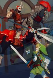 Rule 34 | 2boys, blonde hair, commentary, green tunic, highres, holding, holding polearm, holding shield, holding sword, holding trident, holding weapon, horned mask, horse, horseback riding, link, male focus, maruta maruta, mask, master sword, multiple boys, navi, nintendo, painting (object), phantom ganon, polearm, red hair, riding, sheath, shield, sword, the legend of zelda, the legend of zelda: ocarina of time, trident, weapon
