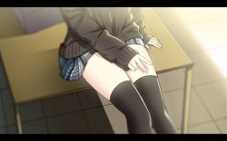 Rule 34 | 1girl, black thighhighs, blurry, depth of field, desk, head out of frame, letterboxed, on desk, original, out of frame, plaid, plaid skirt, pleated skirt, school desk, school uniform, sitting, on desk, sketch, skirt, sky-freedom, solo, sweater, thighhighs, v, zettai ryouiki