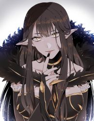 Rule 34 | 1girl, bare shoulders, black dress, black hair, breasts, cleavage, commentary request, detached sleeves, dress, fate/apocrypha, fate (series), fur trim, large breasts, long hair, looking at viewer, namahamu (hmhm 81), pointy ears, semiramis (fate), smile, solo, upper body, very long hair, yellow eyes