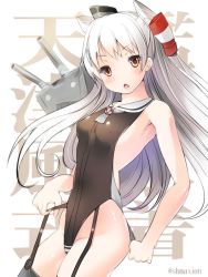 Rule 34 | 10s, 1girl, adapted costume, amatsukaze (kancolle), armpits, bare arms, bare shoulders, breasts, brown eyes, chestnut mouth, garter straps, hair tubes, kadokawa shoten, kantai collection, long hair, looking at viewer, maki (seventh heaven maxion), one-piece swimsuit, open mouth, rensouhou-kun, sideboob, silver hair, small breasts, solo, strap pull, swimsuit, thighhighs, two side up