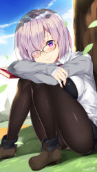 Rule 34 | 1girl, black pantyhose, blue sky, blush, book, breasts, brown footwear, cloud, crossed arms, day, fate/grand order, fate (series), glasses, hair over one eye, highres, holding, holding book, kuro chairo no neko, large breasts, long hair, long sleeves, looking at viewer, mash kyrielight, outdoors, pantyhose, purple eyes, purple hair, shoes, short hair, sky, smile, solo, tree, twitter username
