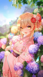 Rule 34 | 1girl, bird, bird on hand, blonde hair, blue butterfly, breasts, bug, butterfly, flower, genshin impact, guoba (genshin impact), hair flower, hair ornament, highres, insect, japanese clothes, kimono, liu guniang, long sleeves, medium breasts, multicolored hair, open mouth, orange eyes, orange hair, pink kimono, ponytail, small breasts, solo, yellow eyes, yoimiya (genshin impact)