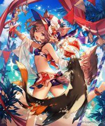 Rule 34 | 1girl, :d, animal, animal ears, anklet, armlet, beach, bikini, blue bikini, blue sky, bracelet, breasts, brown hair, day, fang, hair between eyes, hair ornament, highres, jewelry, lee hyeseung, leg up, liberte (shingeki no bahamut), looking at viewer, ocean, official art, open mouth, outdoors, purple eyes, shingeki no bahamut, short hair, sky, small breasts, smile, solo, standing, striped clothes, striped headwear, swimsuit, tail, wolf ears, wolf tail