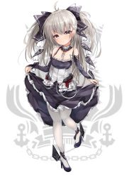 Rule 34 | 1girl, aged down, ahoge, antenna hair, azur lane, bare shoulders, between breasts, black dress, blush, breasts, curtsey, dress, formidable (azur lane), frilled dress, frills, full body, grey hair, hair ribbon, high heels, highres, long hair, looking at viewer, mutou mame, pantyhose, red eyes, ribbon, rigging, rudder footwear, small breasts, solo, twintails, two-tone dress, two-tone ribbon, very long hair, white pantyhose