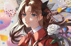 Rule 34 | 1girl, black bow, bow, brown hair, collared shirt, fate (series), flower, green eyes, hair bow, happy birthday, highres, jacket, long hair, looking at viewer, multicolored background, neck ribbon, parted lips, red jacket, red ribbon, ribbon, shimatori (sanyyyy), shirt, smile, solo, teeth, tohsaka rin, two side up, white flower, white shirt