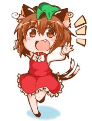 Rule 34 | 1girl, :d, animal ear fluff, animal ear piercing, animal ears, arms up, black footwear, blush, bow, bowtie, brown eyes, brown hair, cat ears, cat tail, chen, chibi, commentary request, earrings, fang, frills, full body, green hat, hair between eyes, happy, hat, jewelry, long sleeves, looking at viewer, mob cap, multiple tails, nekomata, no socks, notice lines, open mouth, petticoat, puffy long sleeves, puffy sleeves, red skirt, red vest, shadow, shiromamekei, shoes, short hair, simple background, single earring, skirt, skirt set, smile, solo, standing, standing on one leg, tail, touhou, two tails, v-shaped eyebrows, vest, white background, white bow, white bowtie